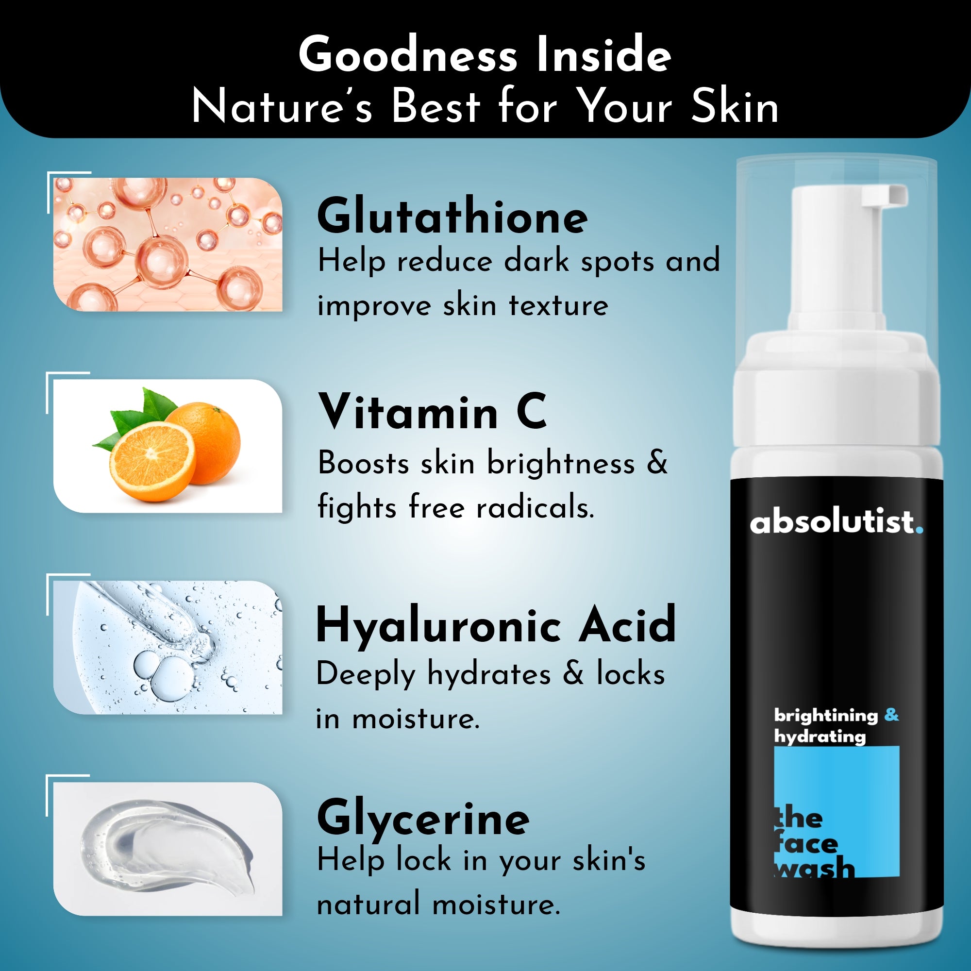 absolutist. Brightening Face Wash – With Glutathione, Vitamin C & Hyaluronic Acid – Skin Brightening, Hydrating & Anti-Pollution Daily Cleanser – For All Skin Types – 100ml
